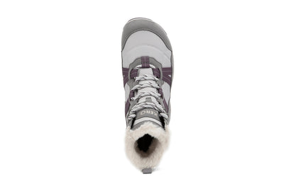 Xero Barefoot Shoes sold in Ontario, Canada. These minimalist shoes have flexible soles, wide toe boxes, and zero drop. Top view of Xero Women's Alpine in Frost Gray/White. Waterproof, lightweight snow boot. 