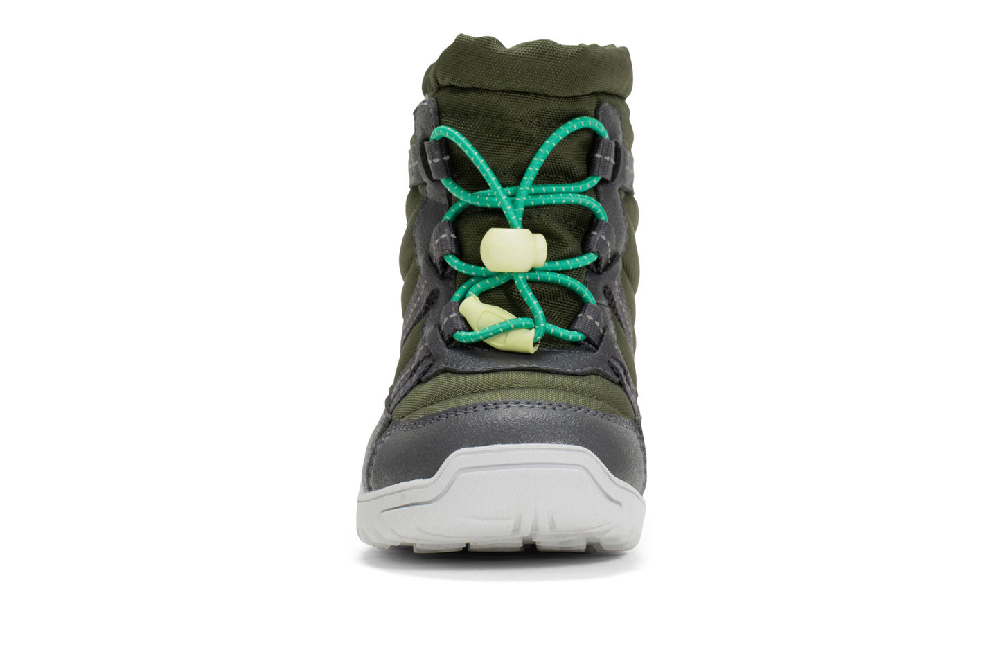 Green and gray kids winter boot with green laces on a white background.  Tru Stride Co brings Xero shoes to Canada