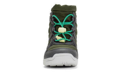 Green and gray kids winter boot with green laces on a white background.  Tru Stride Co brings Xero shoes to Canada