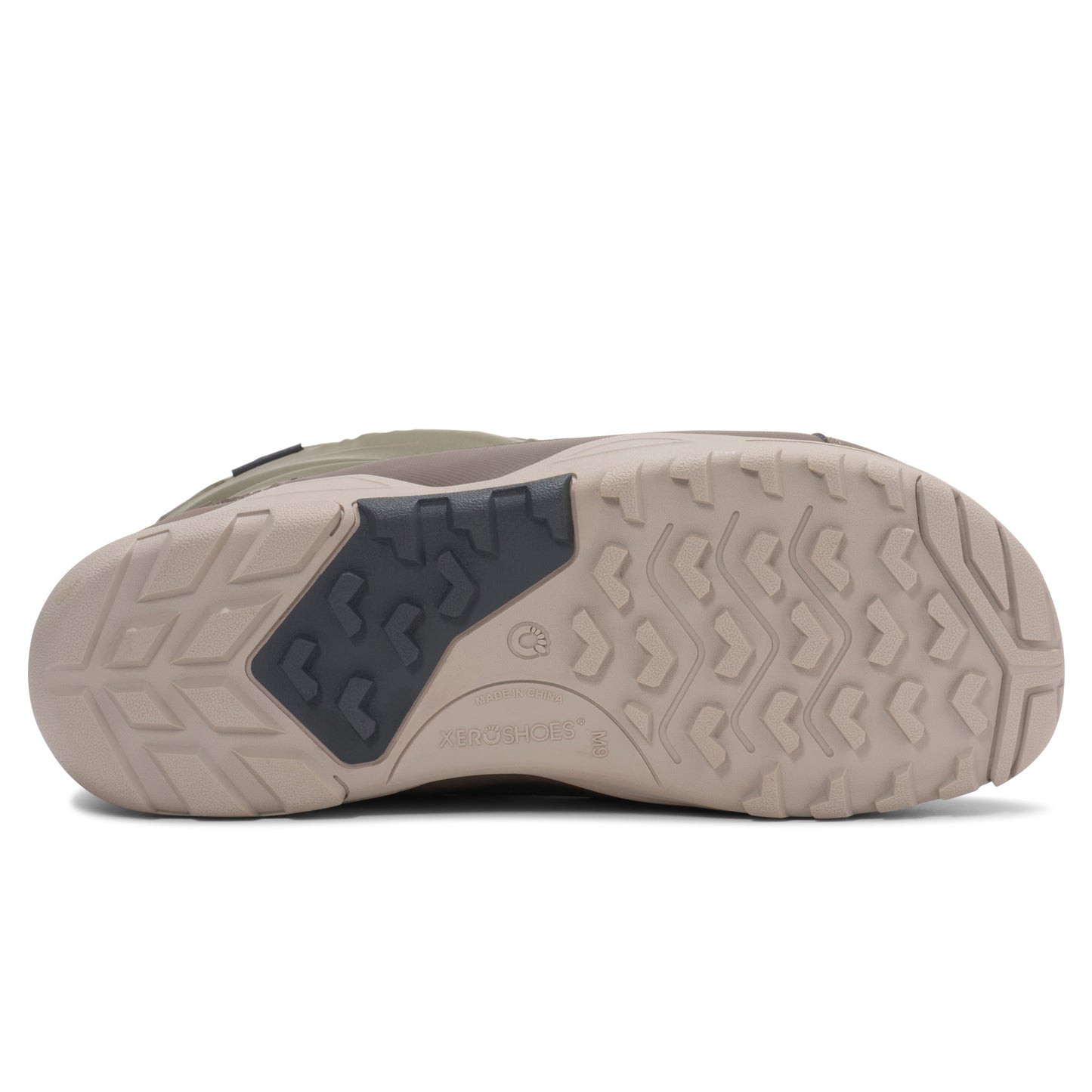 Side view of an army green shoe with a textured sole on a white background.  Tru Stride Co brings Xero shoes to Canada