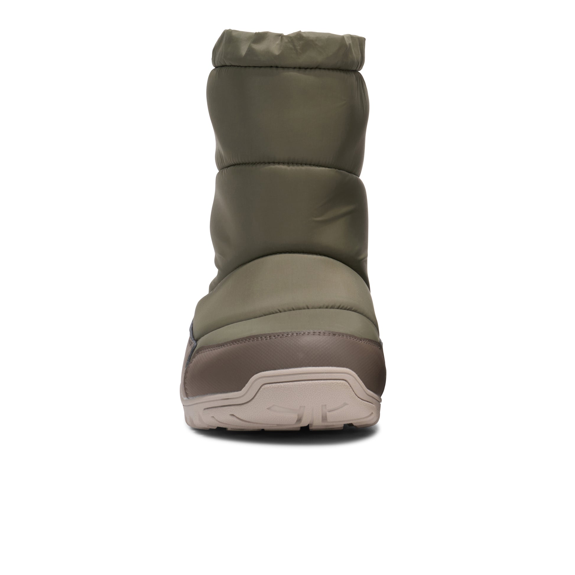 Green winter boot with a white sole on a white background.  Tru Stride Co brings Xero shoes to Canada