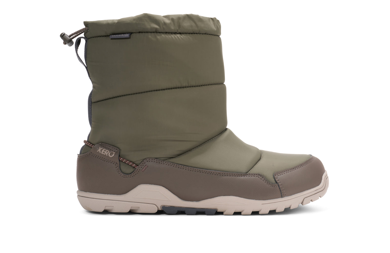 Green winter boot with a white background.  Tru Stride Co brings Xero shoes to Canada