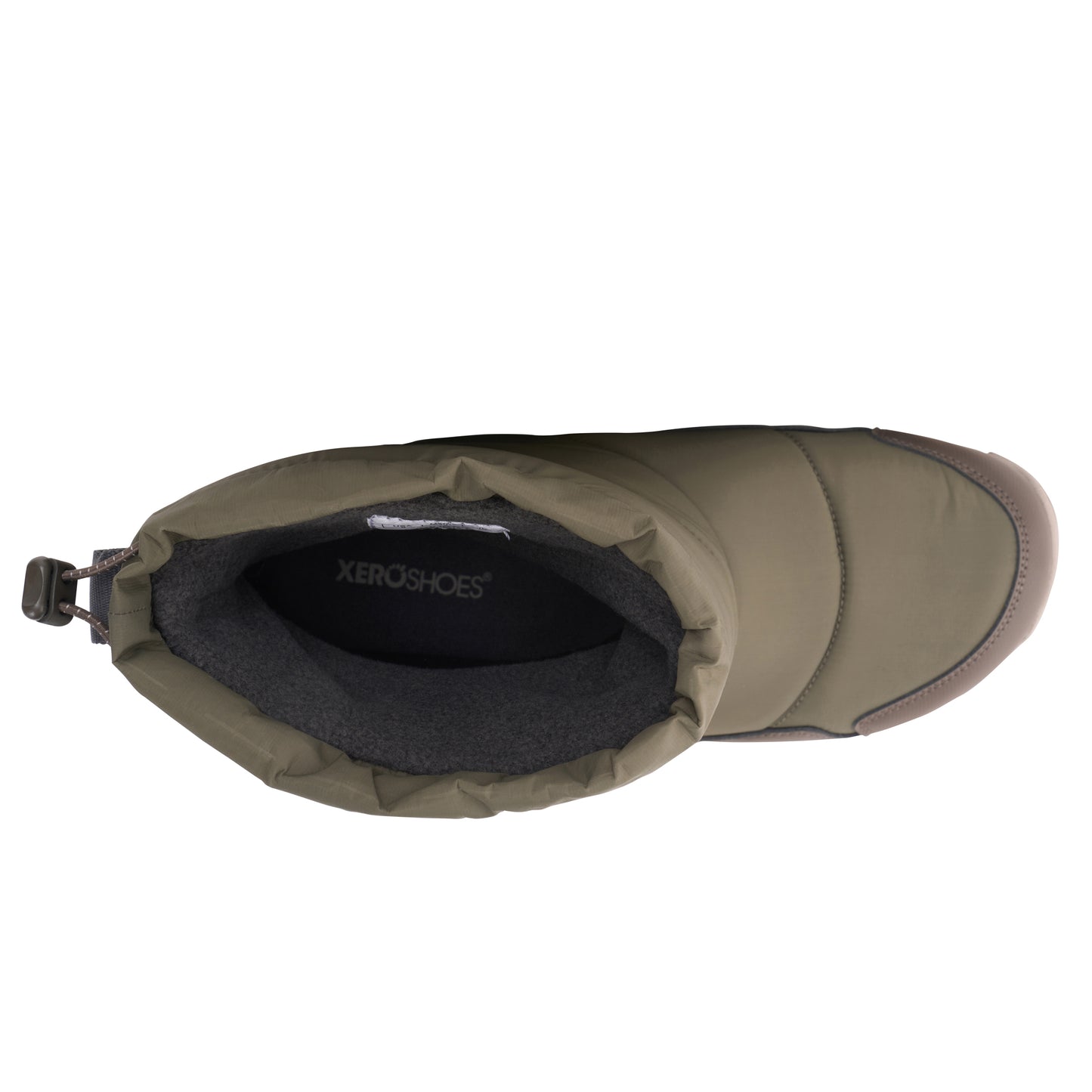 Army green winter boot with XeroShoes logo on a white background.  Tru Stride Co brings Xero shoes to Canada