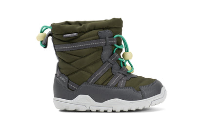 Green and gray kids winter boot with white sole on a white background.  Tru Stride Co brings Xero shoes to Canada