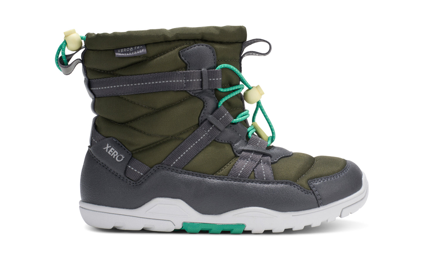 Green and gray winter boot for kids with Xero branding on a white background.  Tru Stride Co brings Xero shoes to Canada