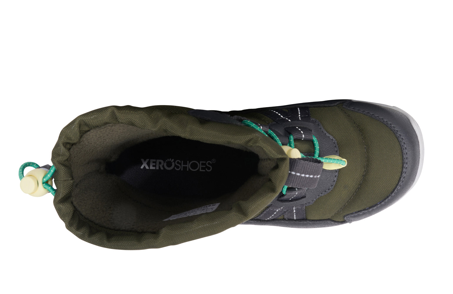 Green and gray winter boot for kids with XeroShoes branding on a white background.  Tru Stride Co brings Xero shoes to Canada