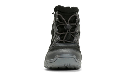 Black hiking boot with gray sole on a white background.  Tru Stride Co brings Xero shoes to Canada