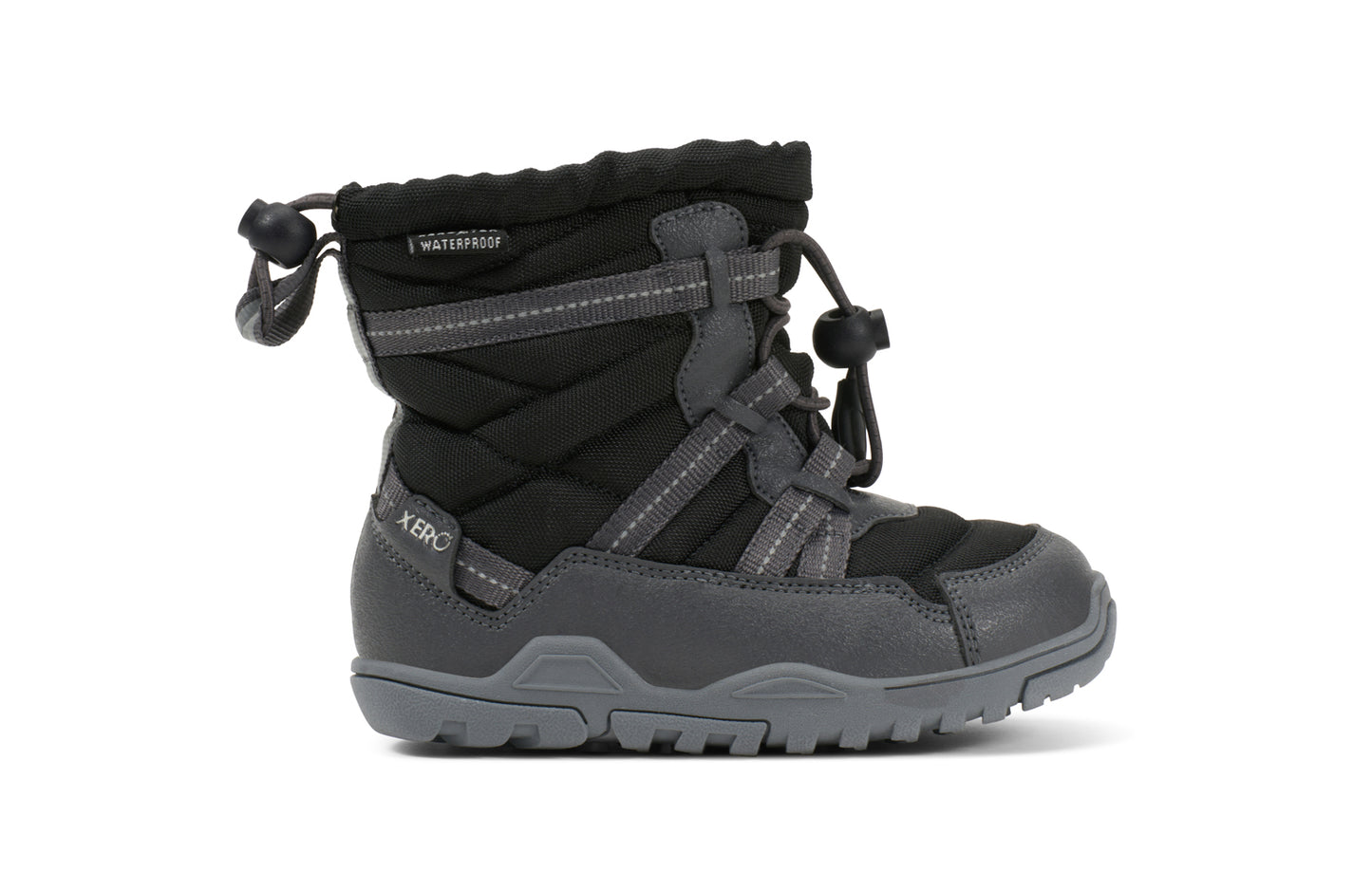 Black and gray kids winter boot with waterproof label on a white background.  Tru Stride Co brings Xero shoes to Canada