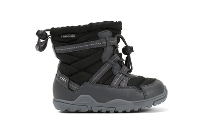 Black and gray kids winter boot with waterproof label on a white background.  Tru Stride Co brings Xero shoes to Canada