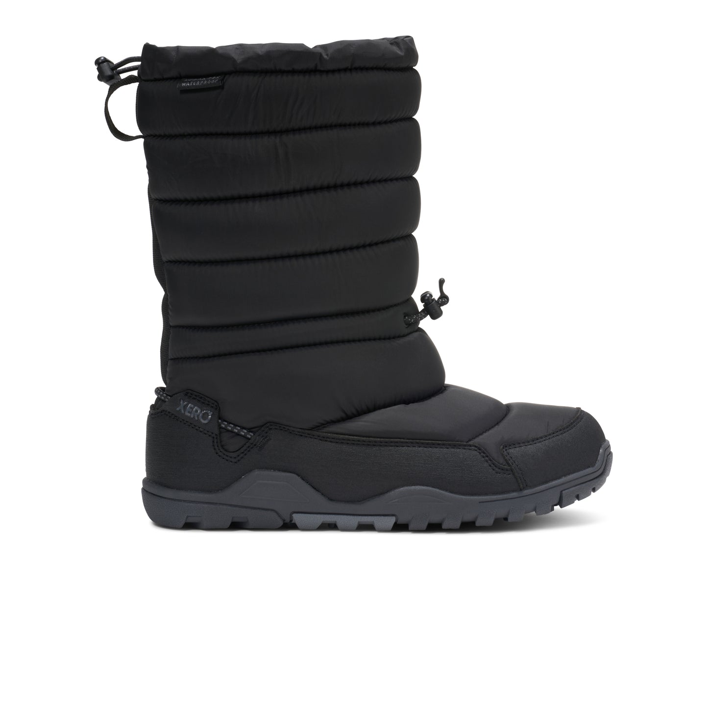 Black winter boot with multiple layers of insulation on a white background.  Tru Stride Co brings Xero shoes to Canada