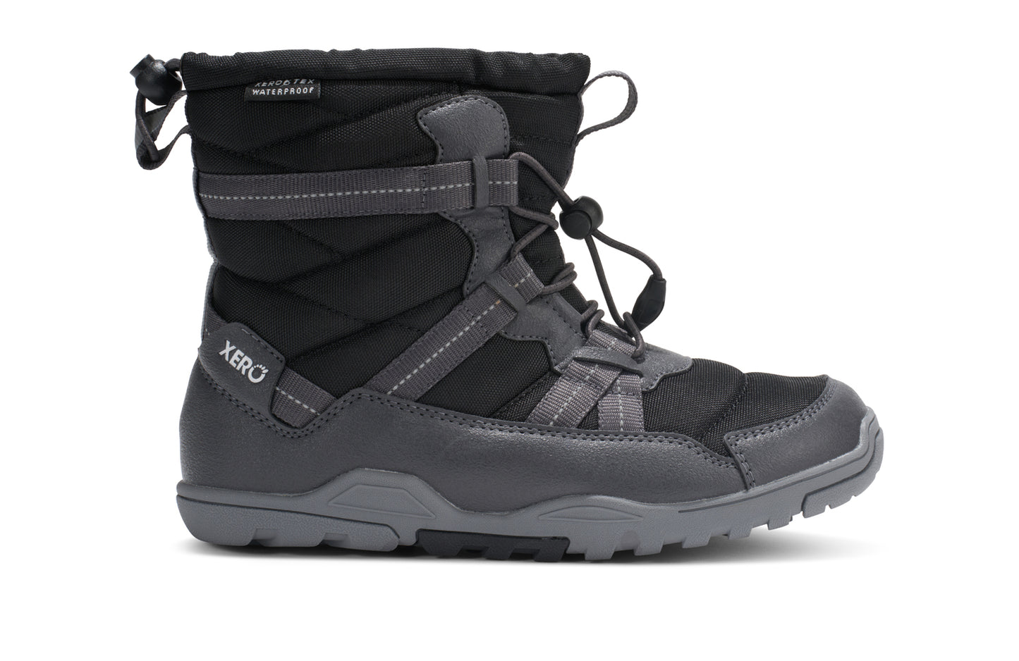 Black and gray winter boot with Xero branding on a white background.  Tru Stride Co brings Xero shoes to Canada