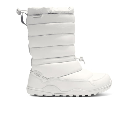 White snow boot with a brand logo on a white background.  Tru Stride Co brings Xero shoes to Canada