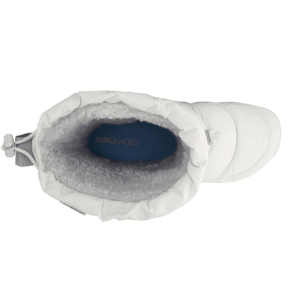 White shoe with gray interior and blue sole on a white background.  Tru Stride Co brings Xero shoes to Canada