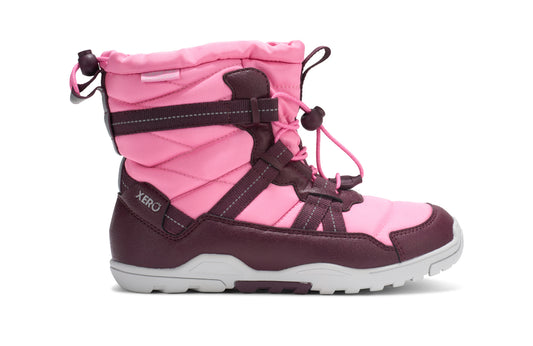 Pink and purple winter boot for kids with Xero branding on a white background.  Tru Stride Co brings Xero shoes to Canada