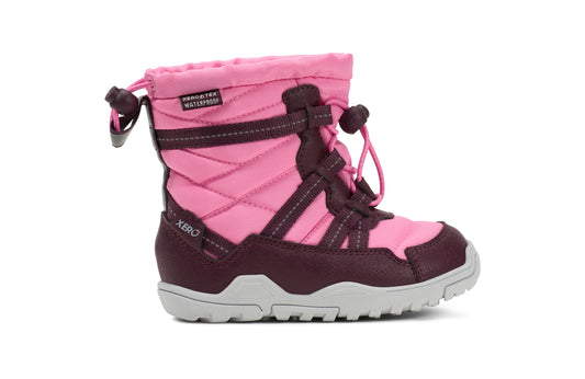 Pink and purple kids winter boot on a white background.  Tru Stride Co brings Xero shoes to Canada
