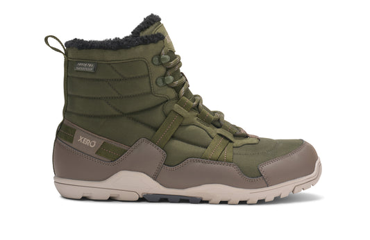 Green and brown winter boot with Xero branding on a white background. Tru Stride Co brings Xero Shoes to Canada