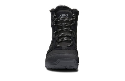 Black winter boot with Xero branding on a white background. Tru Stride Co brings Xero Shoes to Canada