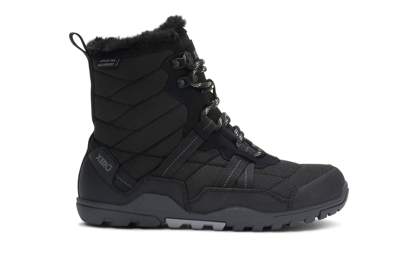 Black winter boot with fur lining on a white background.  Tru Stride Co brings Xero shoes to Canada