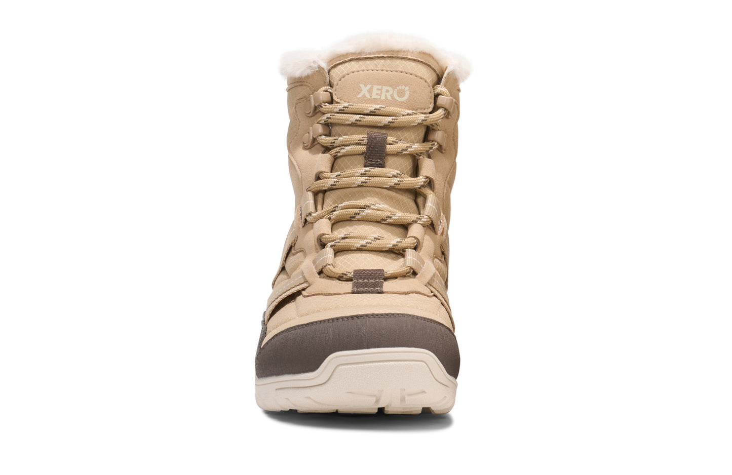 Tan winter boot with brown accents on a white background.  Tru Stride Co brings Xero shoes to Canada
