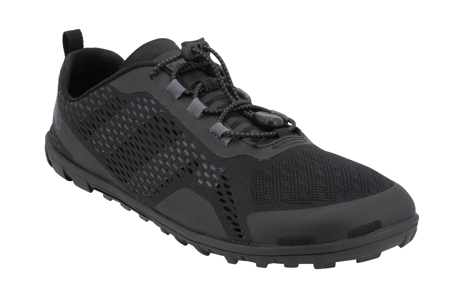 Xero Shoes Canada, specifically barefoot hiking shoes Canada. These minimalist shoes have flexible soles, wide toe boxes, and zero drop. Angled view of Xero Men's Aqua X Sport in Black. Water friendly road and trail shoe. 