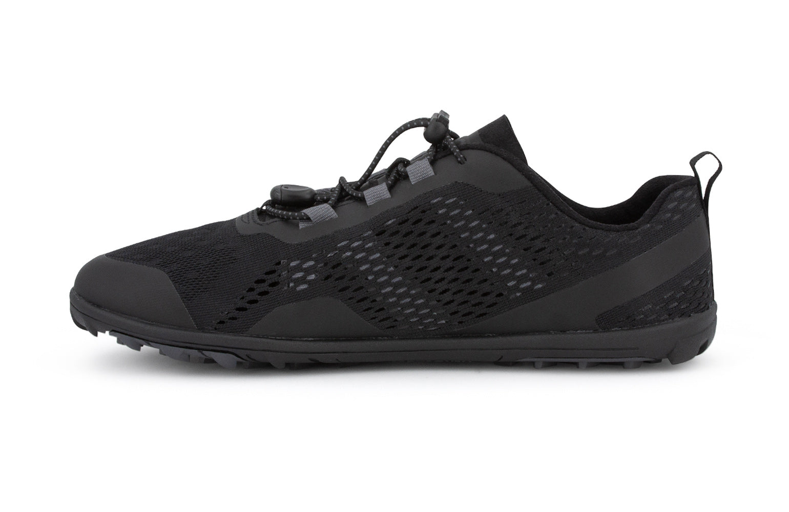 Xero Shoes Canada, specifically barefoot hiking shoes Canada. These minimalist shoes have flexible soles, wide toe boxes, and zero drop. Medial side view of Xero Men's Aqua X Sport in Black. Water friendly road and trail shoe. 