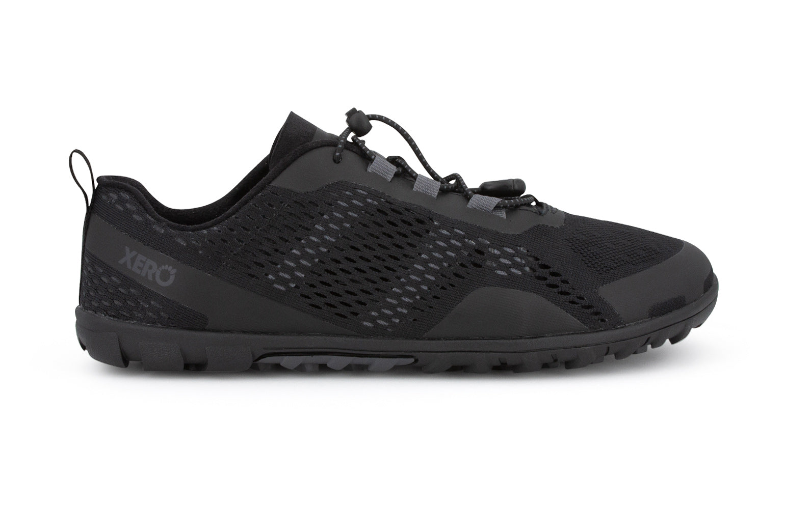 Xero Shoes Canada, specifically barefoot hiking shoes Canada. These minimalist shoes have flexible soles, wide toe boxes, and zero drop. Lateral side view of Xero Men's Aqua X Sport in Black. Water friendly road and trail shoe. 