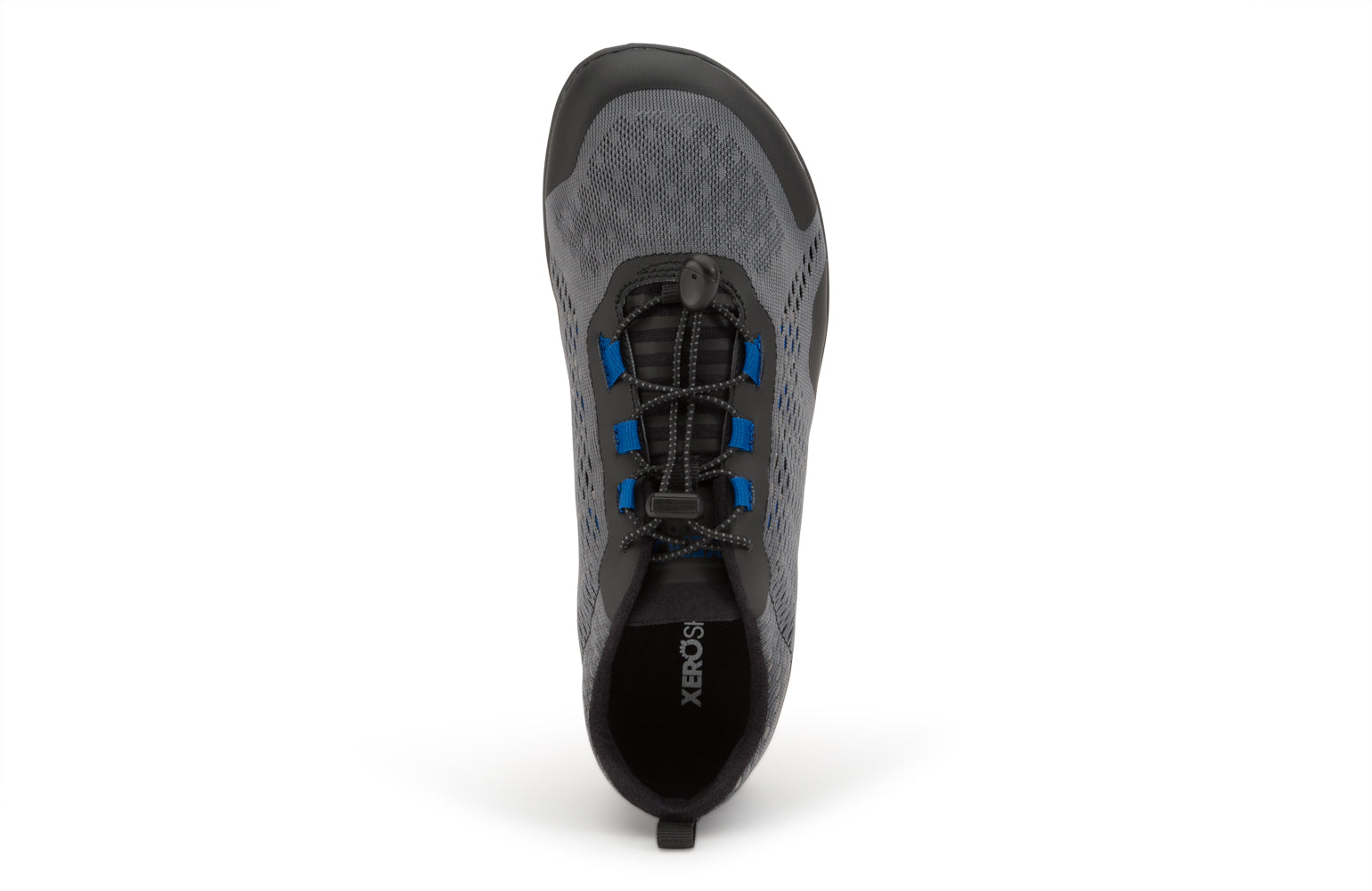 Xero Shoes Canada, specifically barefoot hiking shoes Canada. These minimalist shoes have flexible soles, wide toe boxes, and zero drop. Top view of Xero Men's Aqua X Sport in Steel Gray/Blue. Water friendly road and trail shoe. 
