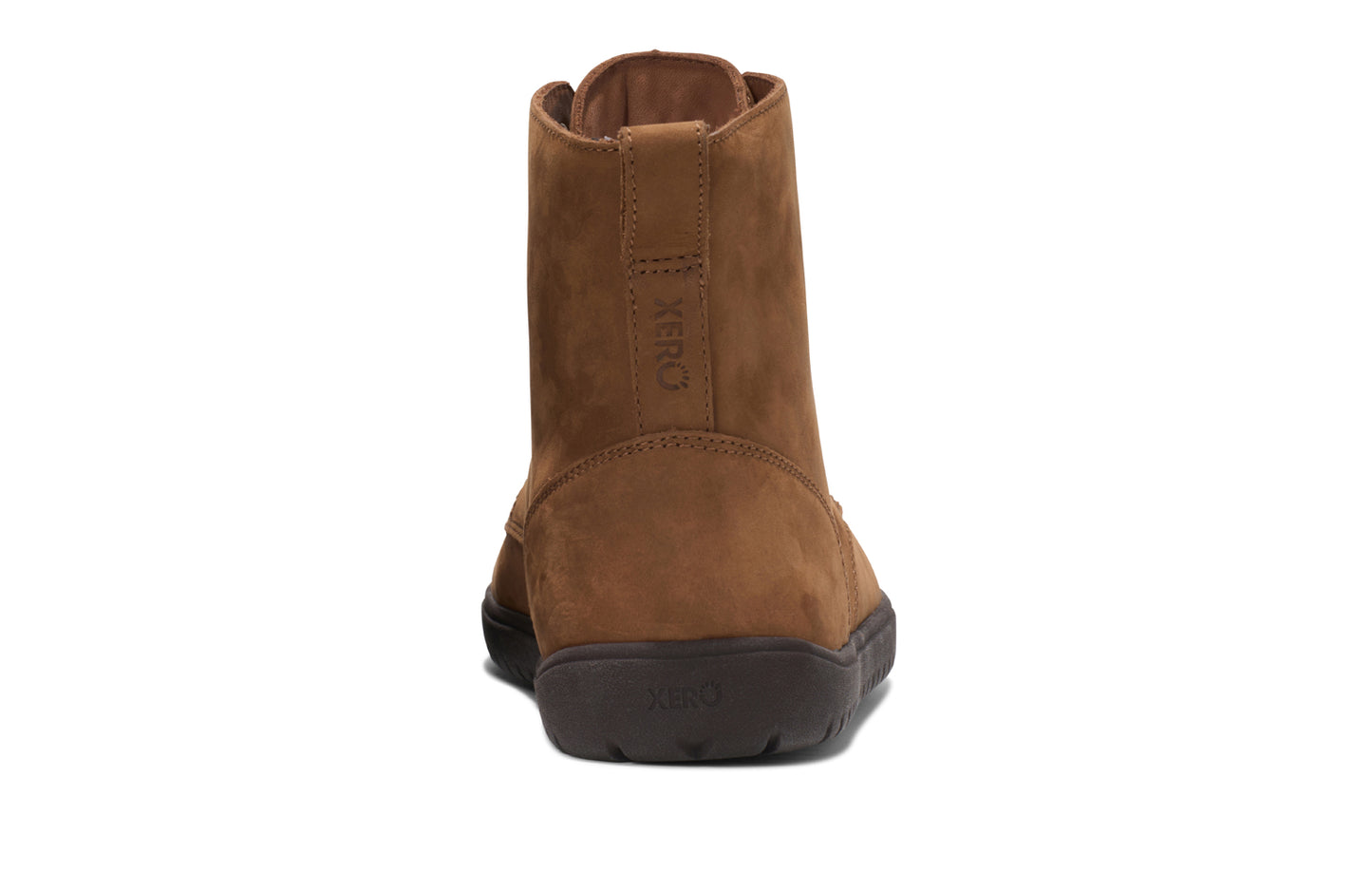 Xero Shoes Canada, specifically men’s barefoot shoes Canada. These minimalist shoes have flexible soles, wide toe boxes, and zero drop. Back view of Xero Men's Denver II in Rawhide. Classic leather boot.