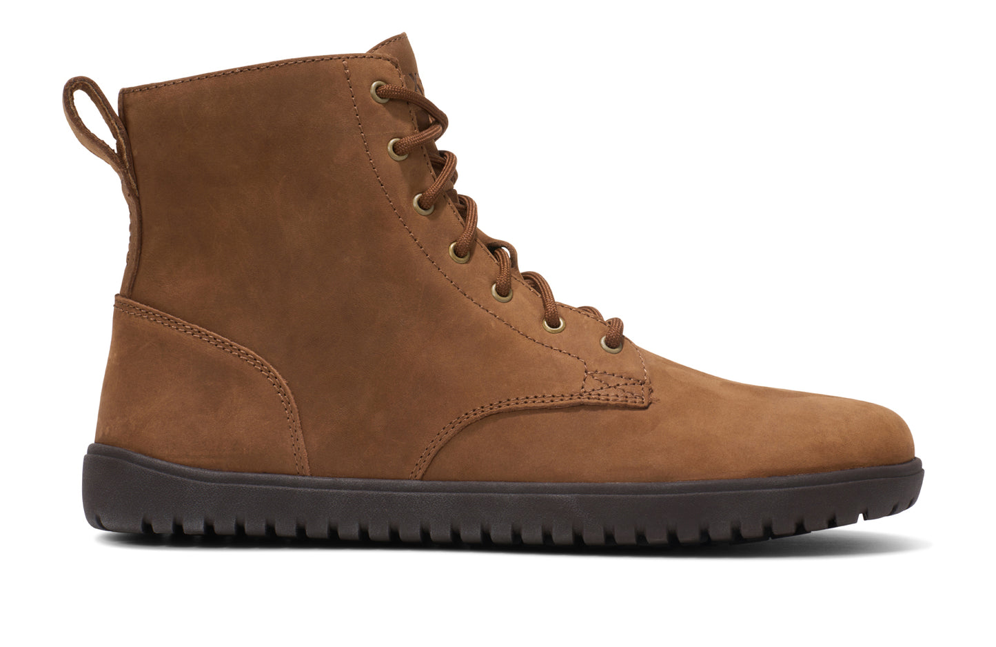Xero Shoes Canada, specifically men’s barefoot shoes Canada. These minimalist shoes have flexible soles, wide toe boxes, and zero drop. Side view of Xero Men's Denver II in Rawhide. Classic leather boot.
