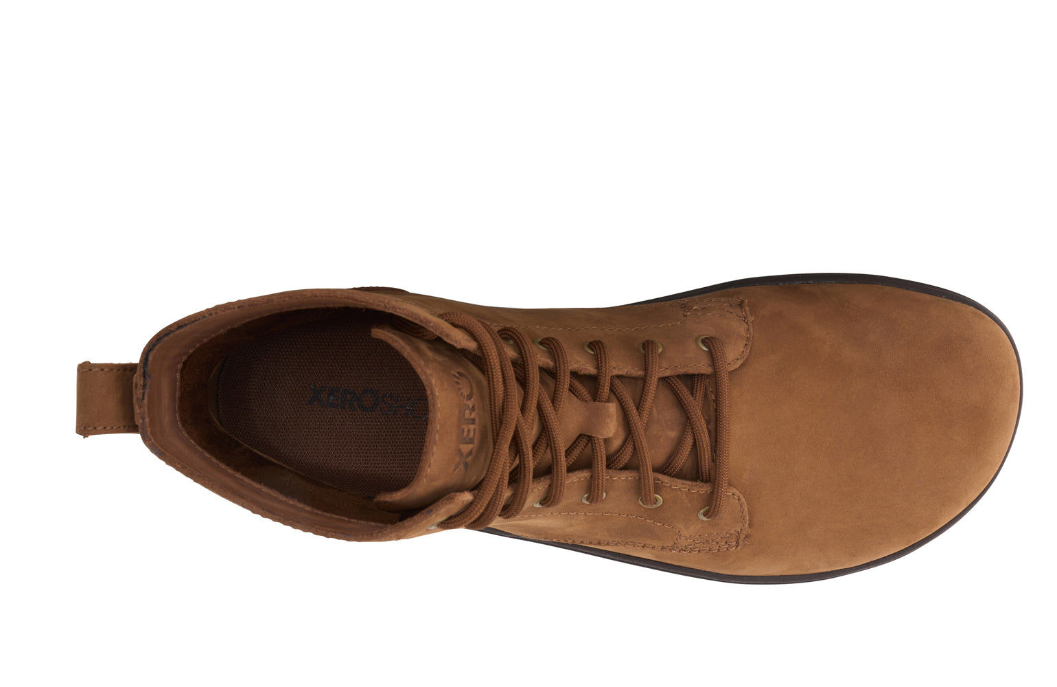 Xero Shoes Canada, specifically men’s barefoot shoes Canada. These minimalist shoes have flexible soles, wide toe boxes, and zero drop. Top view of Xero Men's Denver II in Rawhide. Classic leather boot.
