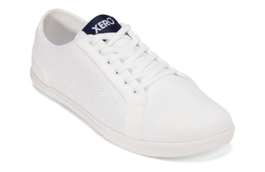 Xero Shoes Canada, specifically men’s barefoot shoes Canada. These minimalist shoes have flexible soles, wide toe boxes, and zero drop. Angled view of Xero Men's Dillon in White. Classic, casual sneaker