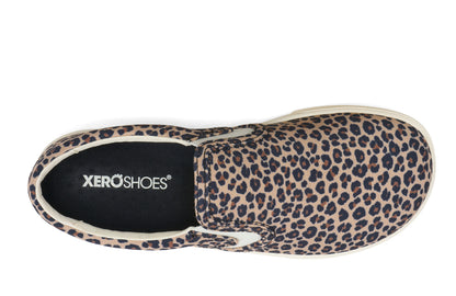 Xero Shoes Canada, specifically women’s barefoot shoes Canada. These minimalist shoes have flexible soles, wide toe boxes, and zero drop. Pair view of Xero Women's Dillon Canvas Slip-On in Leopard. Slip-on sneaker. 