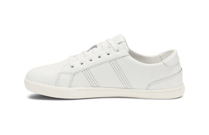Xero Shoes Canada, specifically women’s barefoot shoes Canada. These minimalist shoes have flexible soles, wide toe boxes, and zero drop. Side view of Women's Dillon Leather in White. A classic leather sneaker. 
