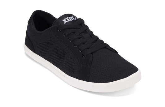 Xero Shoes Canada, specifically women’s barefoot shoes Canada. These minimalist shoes have flexible soles, wide toe boxes, and zero drop. Angled view of Xero Women's Dillon in Black. Classic, casual sneaker
