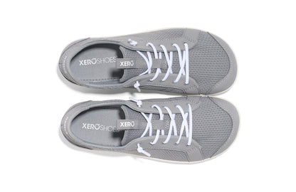 Xero Shoes Canada, barefoot shoes for kids. These minimalist shoes have flexible soles, wide toe boxes, and zero drop. Top view of Xero Big Kid's Dillon in Alloy, a classic sneaker.