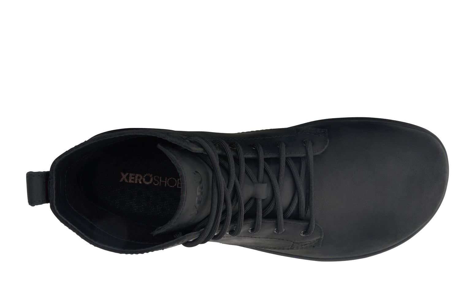 Xero Shoes Canada, specifically men’s barefoot shoes Canada. These minimalist shoes have flexible soles, wide toe boxes, and zero drop. Top view of Xero Men's Denver II in Black. Classic leather boot.