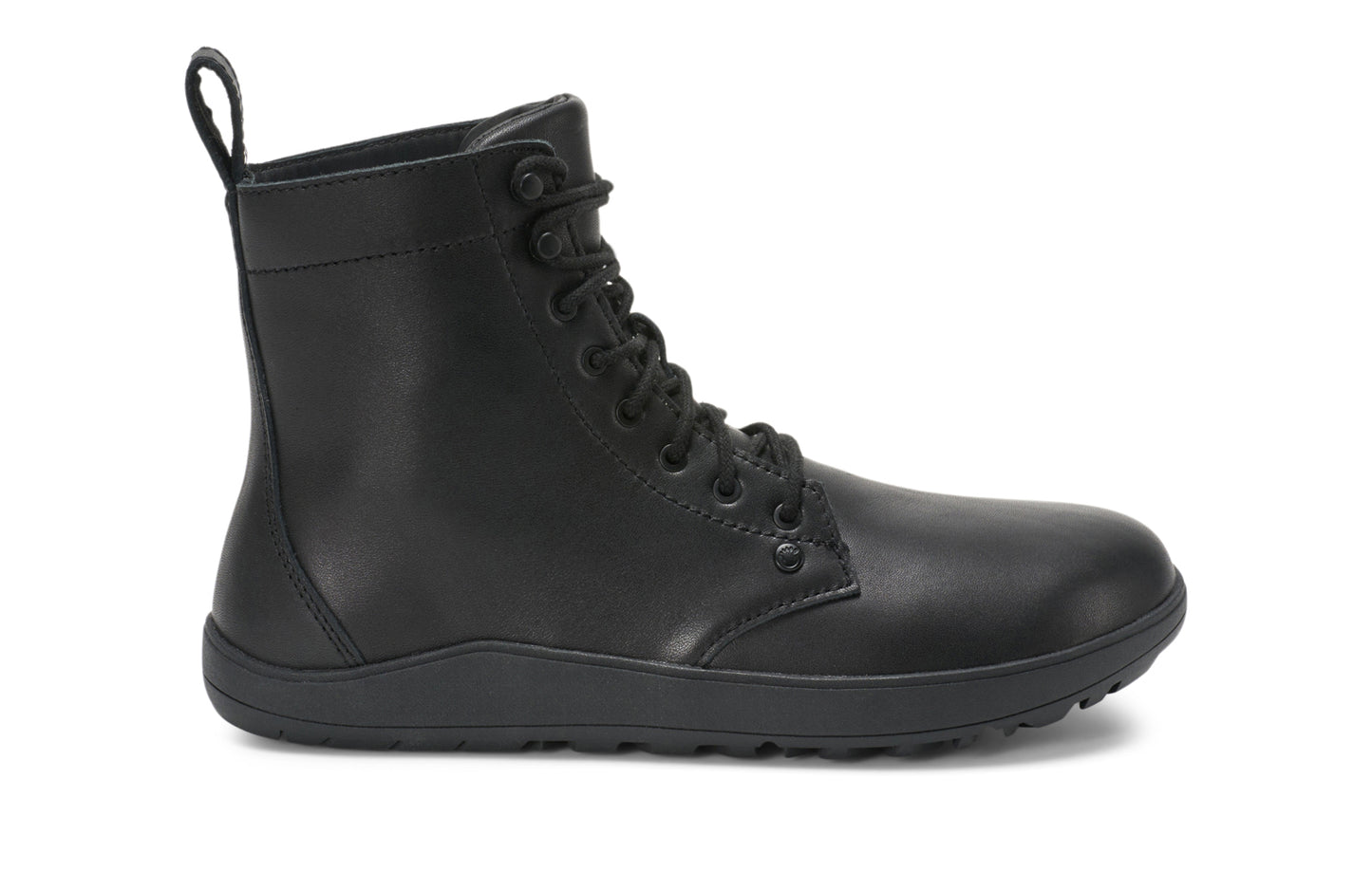 Black leather boot on a white background.  Tru Stride Co brings Xero Shoes to Canada