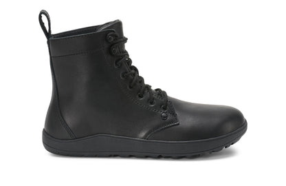 Black leather boot on a white background.  Tru Stride Co brings Xero Shoes to Canada