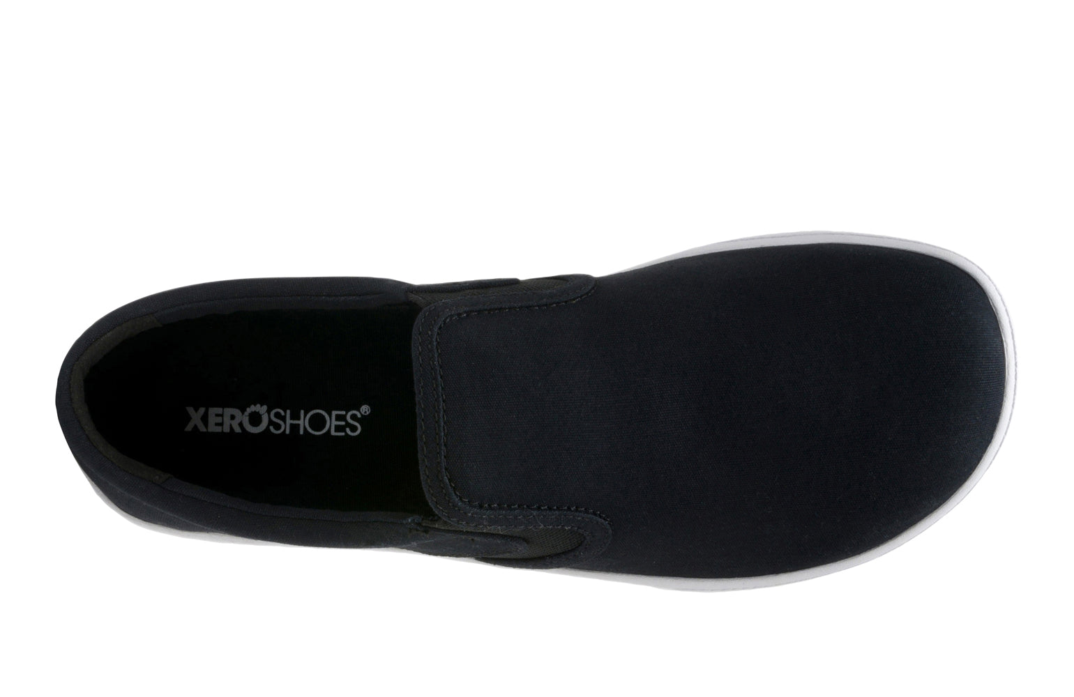 Black slip-on shoe with 'XeroShoes' branding on a white background