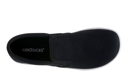 Black slip-on shoe with 'XeroShoes' branding on a white background