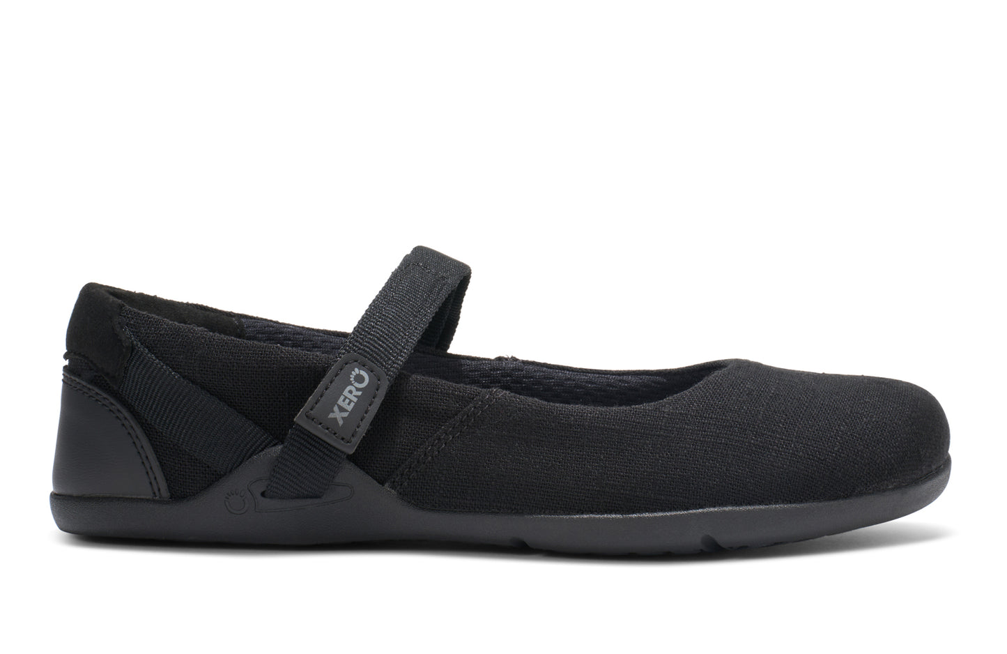 Black shoe with a strap on a white background.  Tru Stride Co brings Xero Shoes to Canada