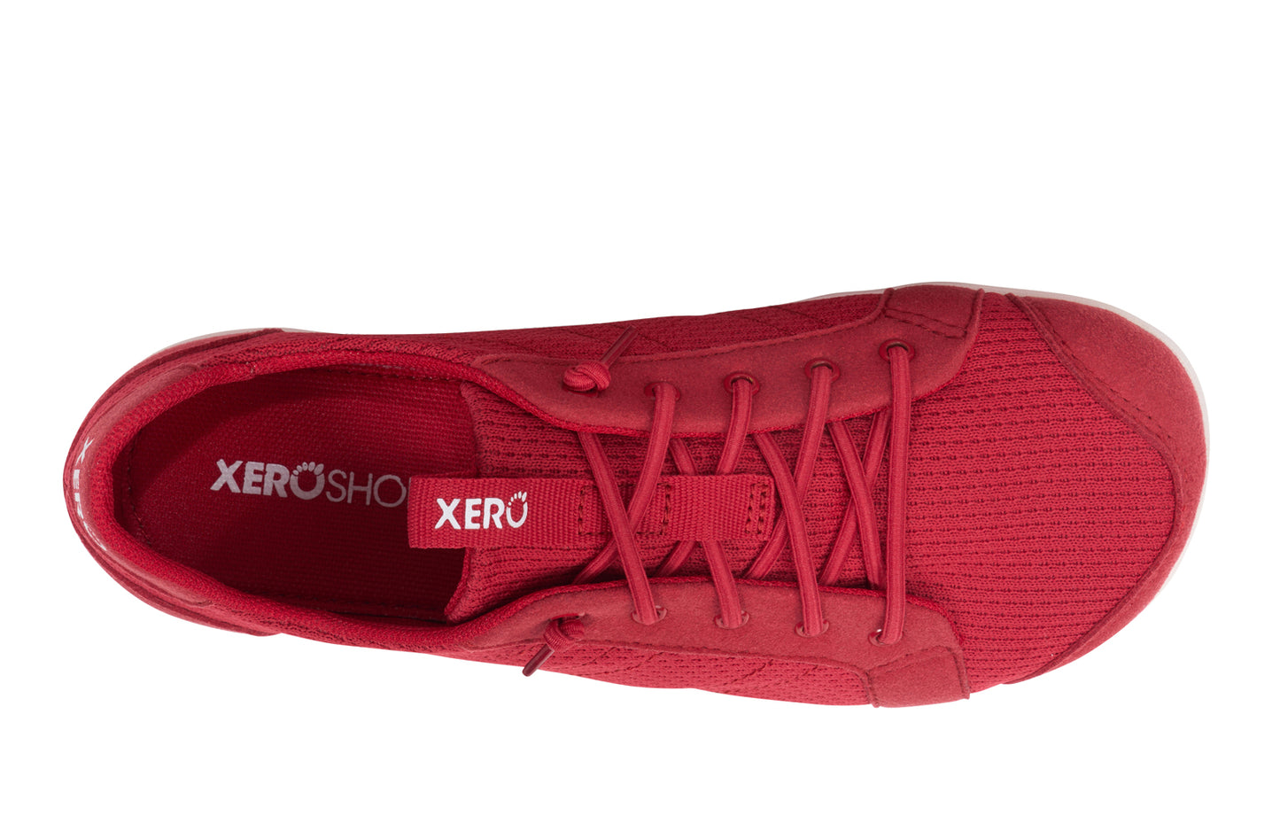 Xero Shoes Canada, barefoot shoes for kids. These minimalist shoes have flexible soles, wide toe boxes, and zero drop. Top view of Xero Big Kid's Dillon in Salsa Red, a classic sneaker.