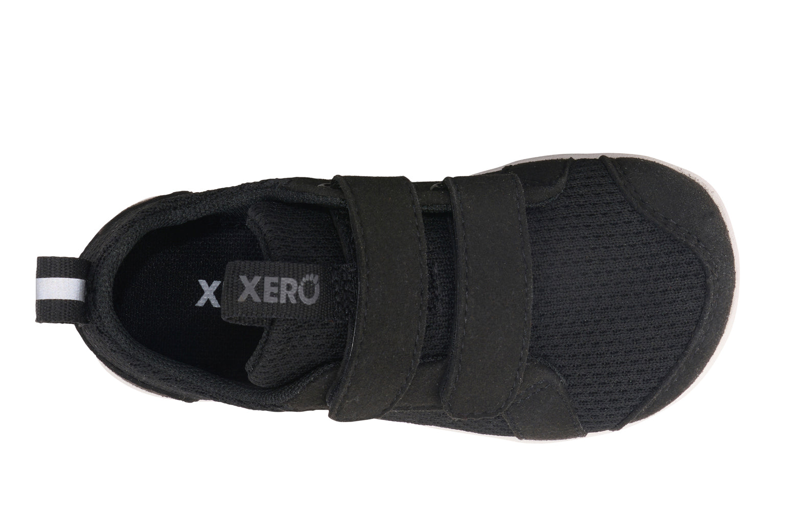 Xero Barefoot shoes for kids sold in Ontario, Canada. These minimalist shoes have flexible soles, wide toe boxes, and zero drop. Top view of Xero Dillon Little Kids in Black, a classic sneaker.