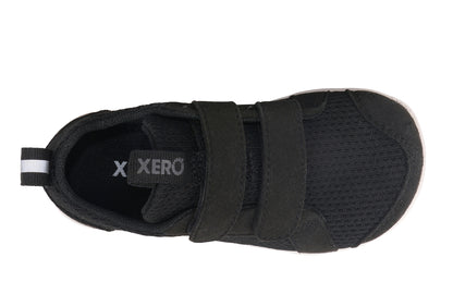 Xero Barefoot shoes for kids sold in Ontario, Canada. These minimalist shoes have flexible soles, wide toe boxes, and zero drop. Top view of Xero Dillon Little Kids in Black, a classic sneaker.