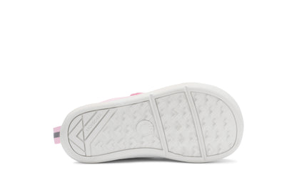 Xero Barefoot shoes for kids sold in Ontario, Canada. These minimalist shoes have flexible soles, wide toe boxes, and zero drop. Sole view of Xero Dillon Little Kids in Pink-a-Boo, a classic sneaker.