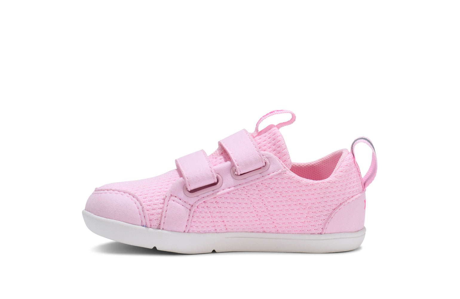 Xero Barefoot shoes for kids sold in Ontario, Canada. These minimalist shoes have flexible soles, wide toe boxes, and zero drop. Side view of Xero Dillon Little Kids in Pink-a-Boo, a classic sneaker.