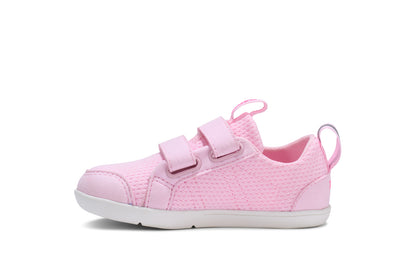 Xero Barefoot shoes for kids sold in Ontario, Canada. These minimalist shoes have flexible soles, wide toe boxes, and zero drop. Side view of Xero Dillon Little Kids in Pink-a-Boo, a classic sneaker.