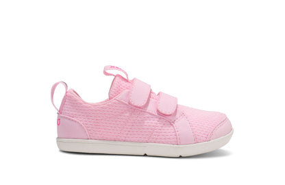 Xero Barefoot shoes for kids sold in Ontario, Canada. These minimalist shoes have flexible soles, wide toe boxes, and zero drop. Lateral side view of Xero Dillon Little Kids in Pink-a-Boo, a classic sneaker.