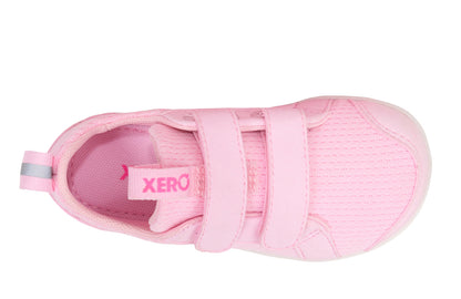 Xero Barefoot shoes for kids sold in Ontario, Canada. These minimalist shoes have flexible soles, wide toe boxes, and zero drop. Top view of Xero Dillon Little Kids in Pink-a-Boo, a classic sneaker.