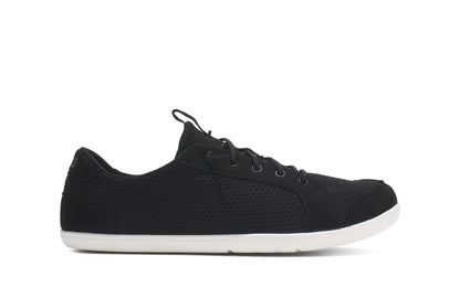 Black sneaker with white sole on a white background.  Tru Stride Co brings Xero Shoes to Canada
